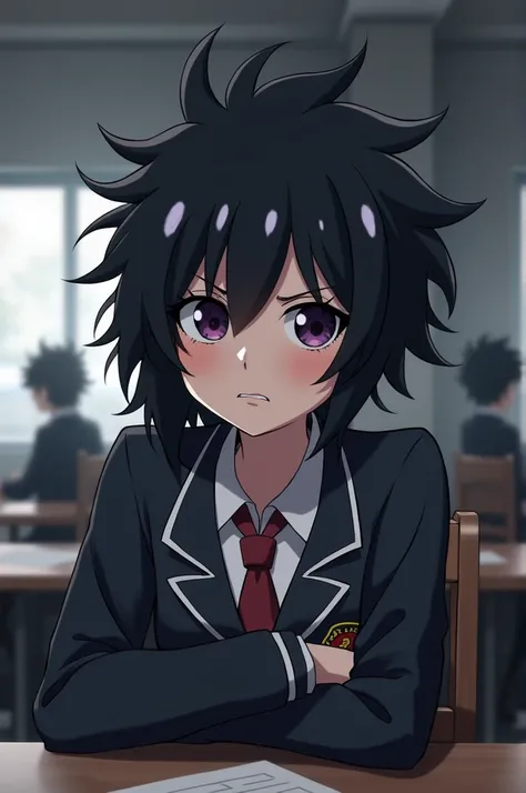 Capture an image of My hero academia. A girl with short, spiky black hair and white spots and spiky, somewhat messy bangs, tired and dark purple eyes, He has a tired expression. He wears the UA uniform, In the background she is in a room at the UA and she ...