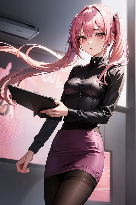 masterpiece, best quality,anime style, 1 girl,(((slender body))), (((small breast))),(((police officer uniform,pencil skirt,black pantyhose))), (beautiful face), (((short twintail))), (((straight hair))), ((((pink hair)))),detailed beautiful skin, (perfect...