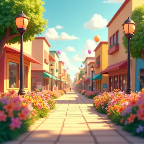 An inviting and lively scene showing a clean, well-paved path leading to a busy but friendly street. The path is lined with colorful flowers or cheerful streetlights, creating a welcoming atmosphere. The street at the end of the path is bustling with activ...