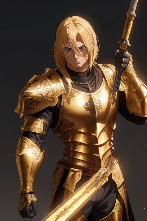 a muscular blonde man in medieval knight armor, detailed face, glowing golden armor, holding a longsword, cinematic lighting, dramatic pose, epic fantasy, intricate details, 8k, masterpiece, anime