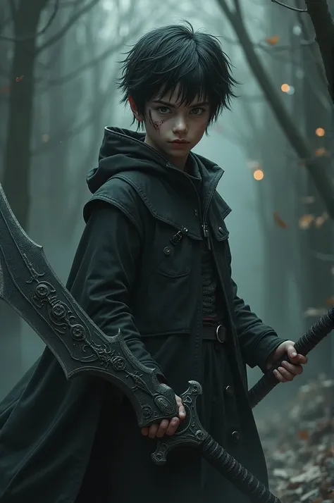 Half human half demon boy with the dark blade in his hand