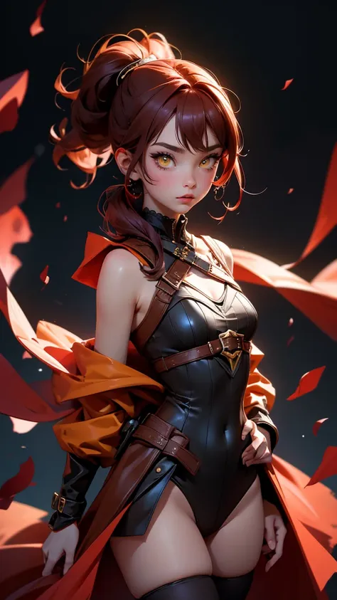 envision a 8k, highres, cinematic, beautiful full body splash art of a woman with dark red hair with small pigtails, yellow eyes...