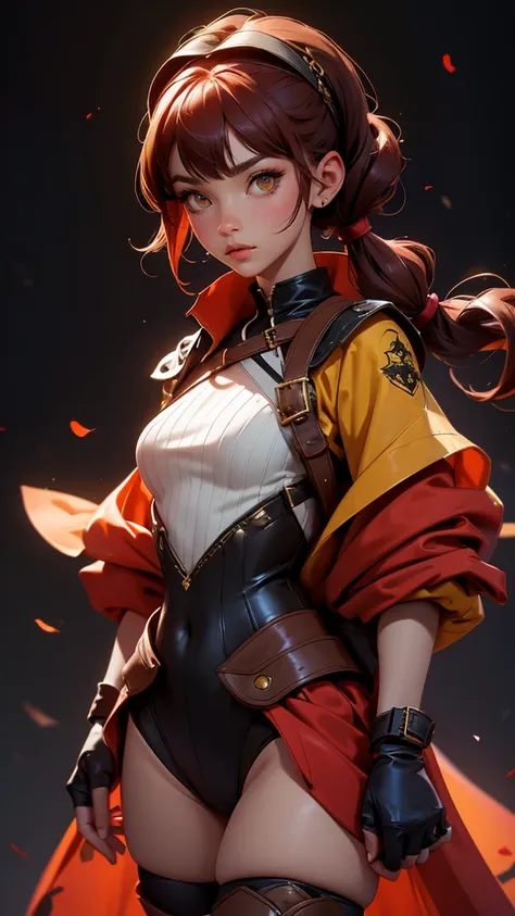 envision a 8k, highres, cinematic, beautiful full body splash art of a woman with dark red hair with small pigtails, yellow eyes...