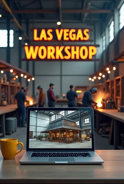 Laptop screen shot showing 3d design of large iron frame cafe. Beside the laptop is a yellow coffee cup.. Behind the laptop there are several welders welding iron fences and canopies in a large warehouse with lots of iron poles., there is a large iron sign...