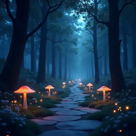 A softly illuminated path leading into a dark but magical forest. The path is gentle and made of smooth stones or soft moss, bordered by glowing mushrooms, tiny fireflies, and twinkling lights that create a sense of wonder rather than fear. The dark forest...