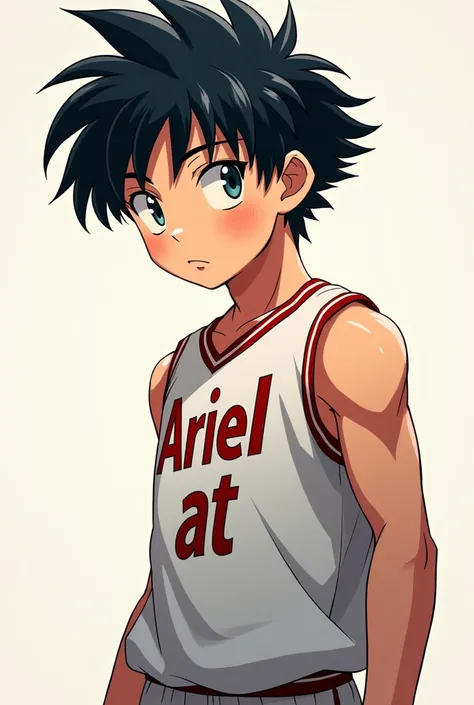 Create an anime image with a haircut like Trunks from Dragon Ball and put on a Basketball 23 shirt that says (ARIEL AT) One who is a man who has shorter hair in the back, black hair that is facing away from the back looking to one side