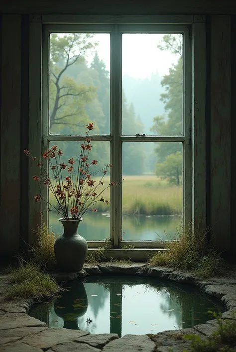 (realistic landscape containing a window, a pond, a vase with rotten stems
