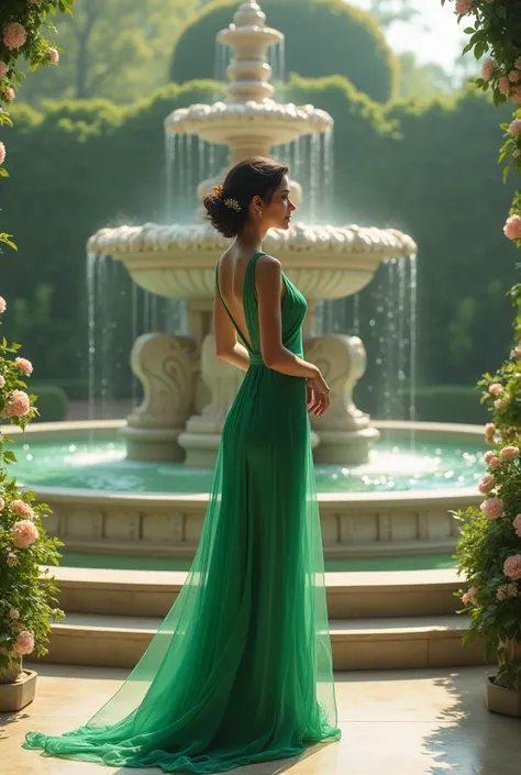 and green dress posing in front of a fountain