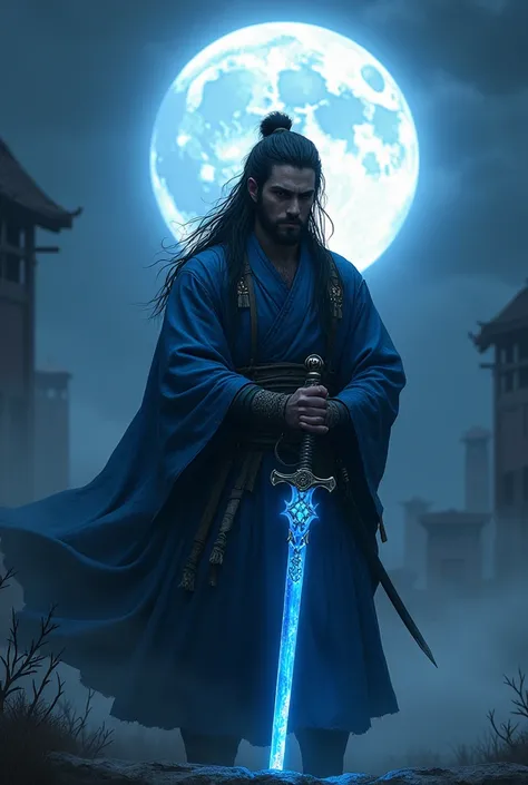 Elden Ring inspired, dark souls inspired, eastern warrior, light armor, blue theme outfit, moon theme outfit, one hand katana, male character, long black hair, small beard, depressed, moonlight sword, 