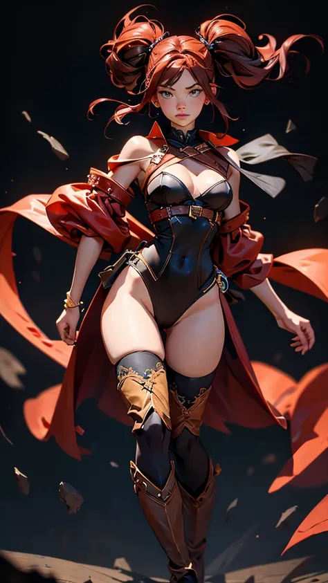 envision a 8k, highres, cinematic, beautiful full body splash art of a older mature woman milf with dark red hair with small pigtails, yellow eyes, Pirate Dress, Tactical Skirt, Black coat over the shoulders, brown leotard, brown thighhighs, covered navel,...