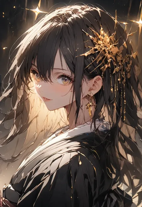 1 woman, long black hair, hair between eyes, moles under the eyes, gold shining eyes, (surrounded by light particles and shimmering gold sparks that form an ethereal glowing halo silhouette near her. The atmosphere is mysterious with soft lighting creating...