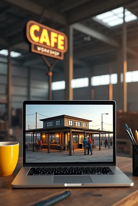 Laptop screen shot showing 3d design of large iron frame cafe. Beside the laptop is a yellow coffee cup.. Behind the laptop, there are several welders who don&#39;t have beards, welding iron fences and canopies in a large warehouse with lots of iron poles....