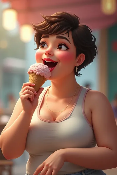 Chubby woman eats ice cream, short hair, smiling, she thing sex, realistic 