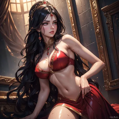 Single beautiful persian princess, wearing a fitted wet red shimmering sharara, long wavy black hair, (visible extremely sweat dripping from armpits .9), (fully body covered in extremely glistening and shining sweat 79.9), big breasts, white skin, backside...