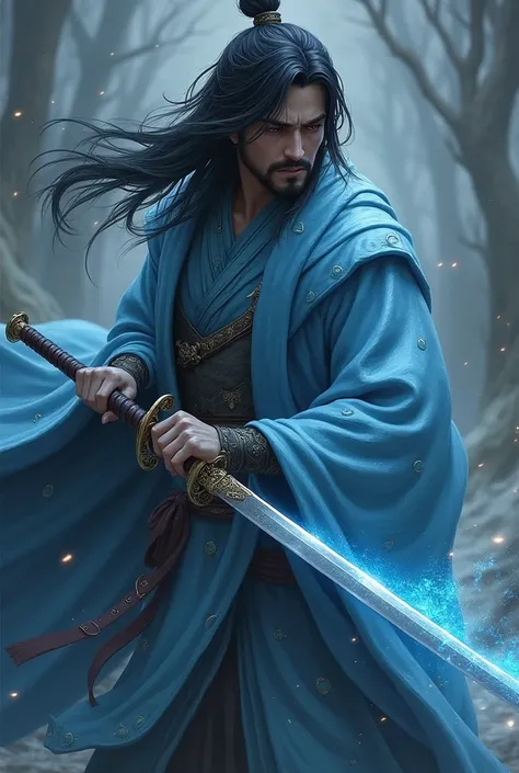 Elden Ring inspired, dark souls inspired, eastern warrior, light armor, blue theme outfit, crescent moon theme outfit, one hand katana, male character, long black hair, small beard, depressed, crescent moonlight sword, 