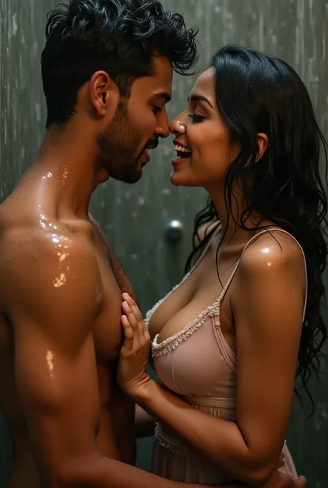 very realistic image, hot scene, erotic love making scene with boobs, Hot Indian girl and boy, girl is drenched, girl open mouth in pleasure, boys squeezes her breast, bathing in shower, short transparent dress, round boobs, cleavage, in shower, girl is fa...