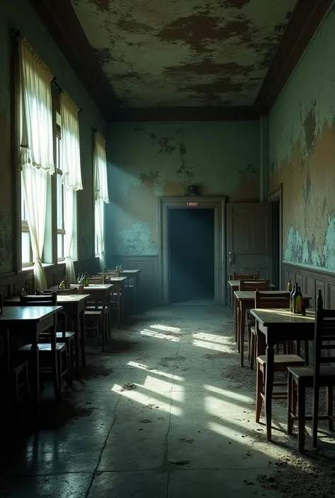 Interior of a medium-sized property, used as a bar, in very poor condition, empty, tables with a few bottles on top of some old tables and chairs, where human trafficking crimes were committed

