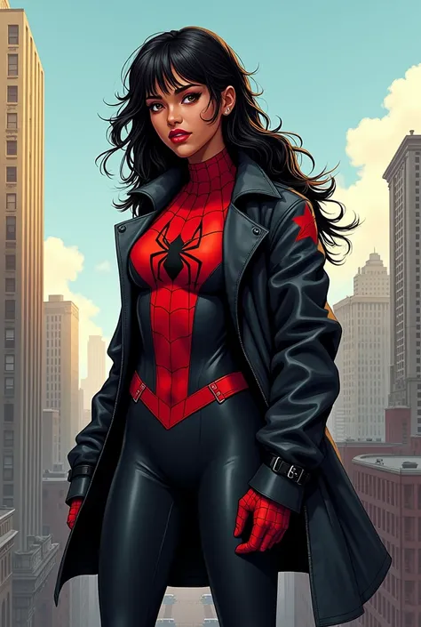 I want a female character for my Instagram profile that looks like me, I have type 2C hair, yellowish brown skin, small nose and proportional to my face, fleshy lips, I have a slightly rounded face, I want to be dressed in the Spider-Man outfit and a coat ...