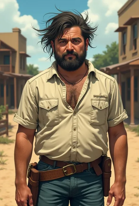  a man in the old west, with a weak physique and a little fat, less formal, poorly fitted short sleeve dress shirt, messy and above all disheveled with facial features of a Brazilian northeastern. style closer to anime