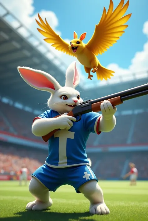 Muscular white rabbit on 2 feet wearing blue cross sports uniform with white and red trim aiming with a shotgun in soccer stadium,l throwing animal half yellow eagle half rat 