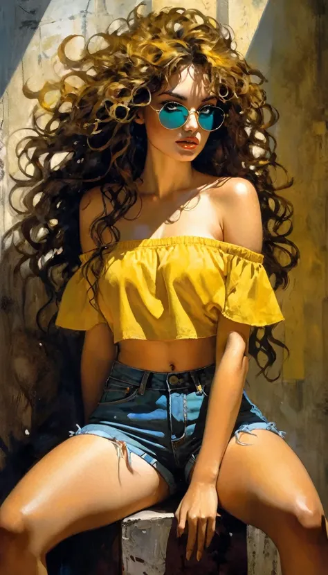 wearing a yellow off-the-shoulder crop top, wearing a yellow off-the-shoulder crop top, Freckles, hair, very long curly hair, brown hair, big expressive eyes, light green eyes, wearing a yellow off-the-shoulder crop top, open blue denim shorts, shorts with...