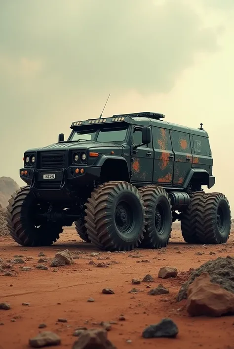 crie uma imagem de um carro off road apocalypse hellfire 6x6 (6 tires on the left side and 6 on the right). 
In the black color. 