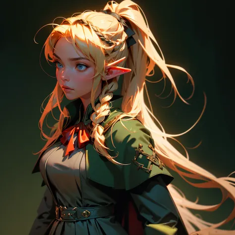 envision a 8k, highres, cinematic, beautiful close up portrait of a woman with blonde hair in a ponytail braid, red eyes, Military Dress, Tactical Skirt, Elegant Green Cape, Elf ears, tan skin,Fantasy accessories, in dark lighting, against a dark gray back...