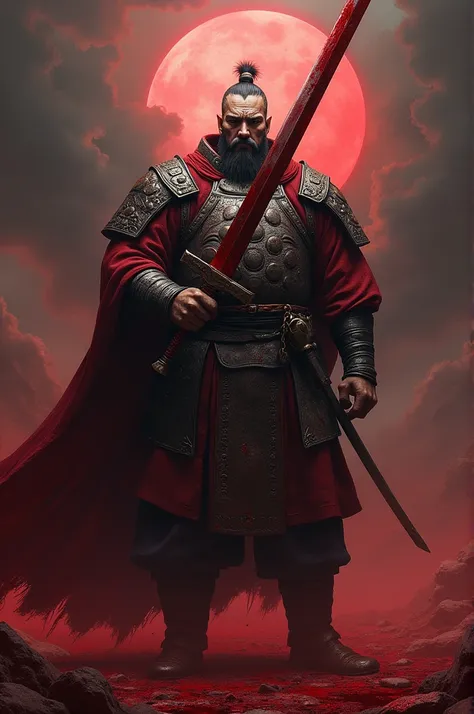 Ghengiz khan with blood sword and black bloody background
