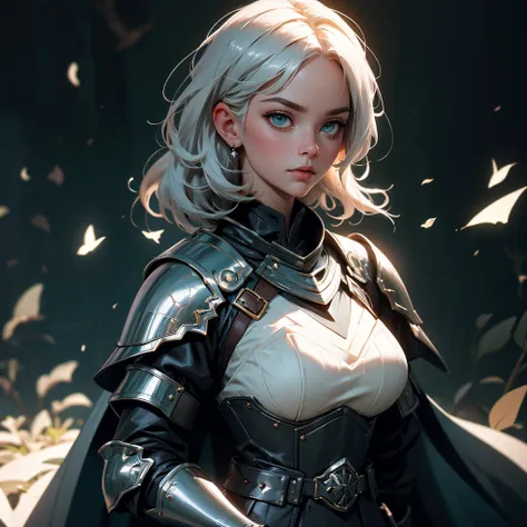 envision a 8k, highres, cinematic, beautiful close up portrait of a woman with big breasts and wide hips with silver white short hair, green eyes, Military Dress, Tactical Skirt, Black Cape, Knight armor, Fantasy accessories, in dark lighting, against a da...