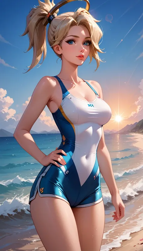 score_9, score_8_up, score_7_up, score_6_up, cinematic film still, solo, 1girl, BREAK mrcy, short hair, high ponytail, halo, cute swimsuit, tight shorts, running on beach, graceful, beautiful scene, sunrise, lens flare, highly detailed, detailed face, absu...