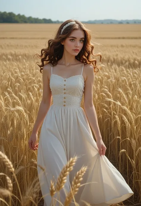 The image is a realistic photo shoot, a photo shoot for the cover of a famous fashion magazine. A beautiful woman model is taking part in a photo shoot in a wheat field, she is walking among the wheat ears that are swaying in the wind. She has a romantic e...