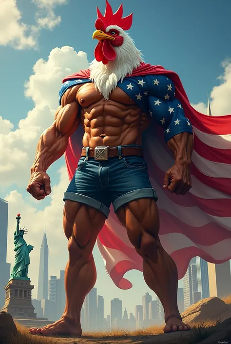  A muscular humanoid with a roosters head, wearing denim shorts and draped in the American flag like a cape, with a second American flag prominently displayed on the side, waving in the wind. The character stands in a heroic pose, with a determined express...