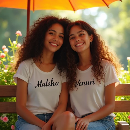 (photorealism:1.1), beautiful smile two girls, sitting on bench , under the umbrella, a girl is wearing a T-shirt tag with malsha ,long curly hair, malsha pants, another girl is wearing a T-shirt tag with venuri ,long curly hair, outdoors, soft lighting, p...