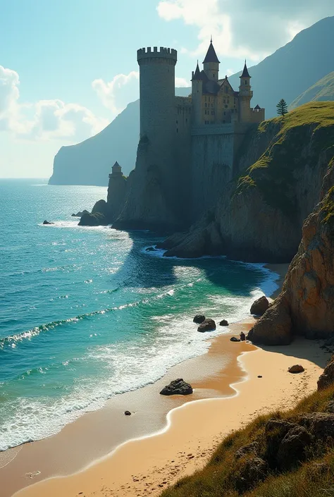 A castle in the background that has a view of the sea and where you can see the sand 