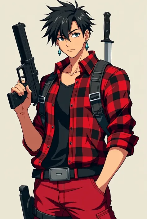 An anime character boy with diamond earrings red flannel shirt red chinos pants tactical belt Black livin Beige skin color face fofa with a knife and gun in 
