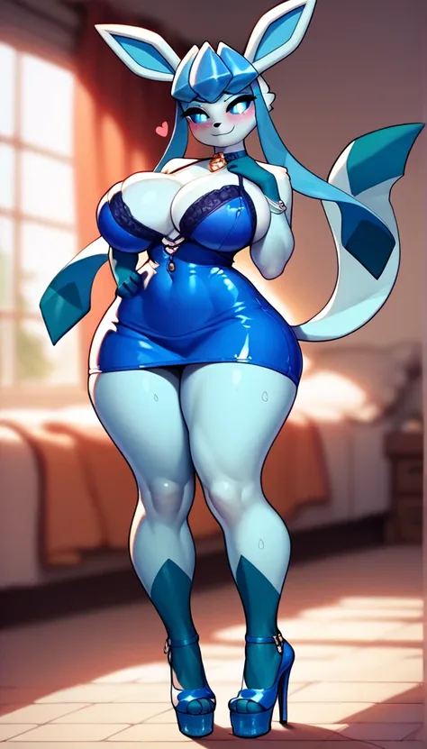  check_9, check_8_up, check_7_up, check_6_up,  source_anime, Anthropomorphic Furry Glaceon, blue sclera, white eyes, big breasts, wide hips, wears a blue mini dress, Jewelry, blue high-heeled shoes, blush, half-closed eyes, smile, сидит за there isной стой...