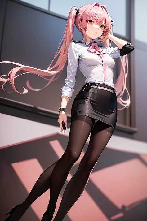 masterpiece, best quality,anime style, 1 girl,(((slender body))), (((small breast))),(((police officer uniform,pencil skirt,black pantyhose))), (beautiful face), (((short twintail))), (((straight hair))), ((((pink hair)))),detailed beautiful skin, (perfect...