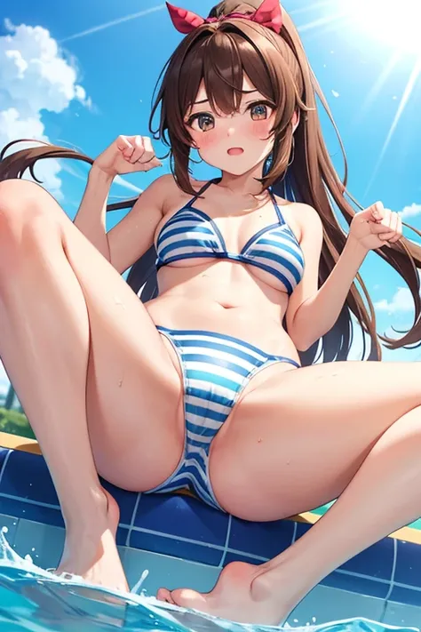 girl,Brown Hair,Long Hair,ponytail,high school student, Striped  bandeau bikini,Pool,Swim ring,Spread your legs,Angle from below, paw pose,Confused eyes,blush