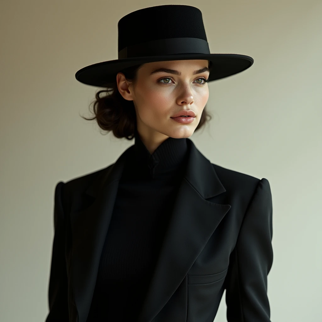 The model wears a black jacket and a black hat, in 32k uhd style, Rococo elegance, Vintage style design, bold curves, ferrania p30, Limited color range,