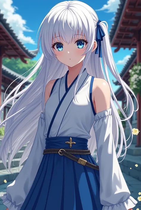 A 13 y/o female demon slayer character in 2D artstyle similar to original demon slayer anime artstyle. Very fair skinned like snow , white hair and blue eyes with long eyelashes.