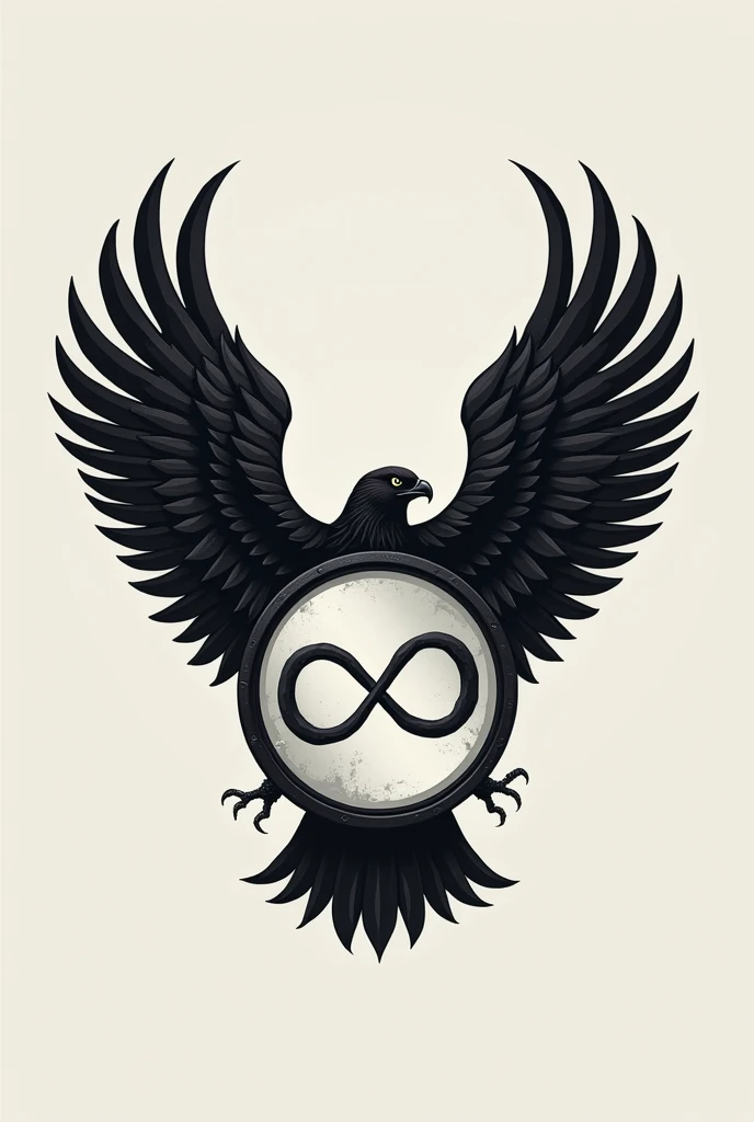 A logo, with an eagle flying while holding a mirror, inside the mirror is the symbol of infinity, Black and white