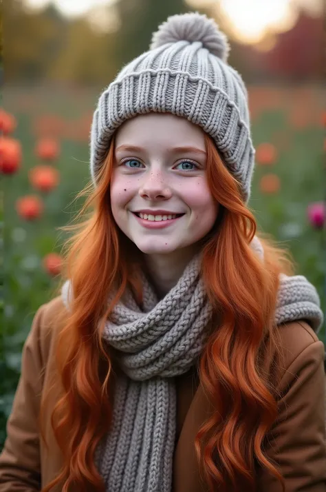 I need an image 9:16 of a young teenage girl posing for a photo, this young woman in winter clothes is very relaxed and cheerful, feeling good in the middle of a beautiful garden at dawn, This young woman wears a woolen cap and has long hair, red and wavy,...