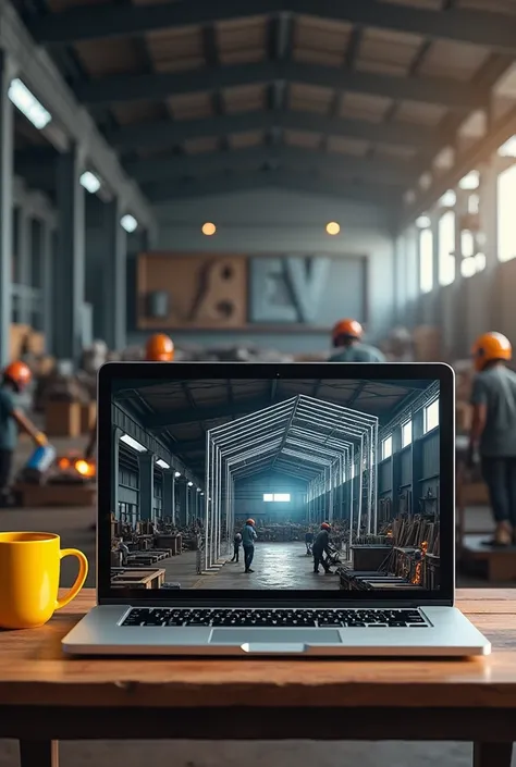 Laptop screen shot showing 3d design of large iron frame canopy. Beside the laptop is a yellow coffee cup.. Behind the laptop there are several Indonesian welders welding iron fences and canopies in a large warehouse with lots of iron poles., there is a la...