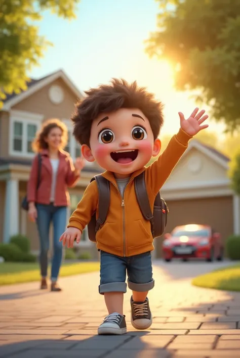 A kid going towards school happily waving goodbye to his parents

