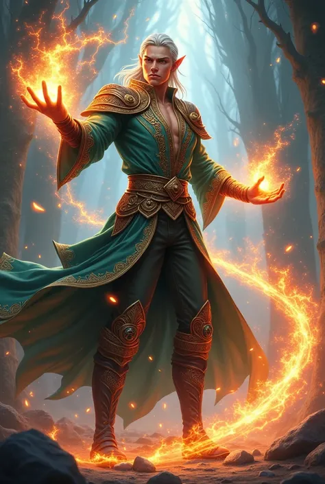 ((Best Quality)), ((masterpiece)), ((detailed)), ((High Definition)), a male elf wizard in anime style, with a battle dress.  With magical runes of aura and energy around him. dynamic movements,  fighting pose, with many fireballs.