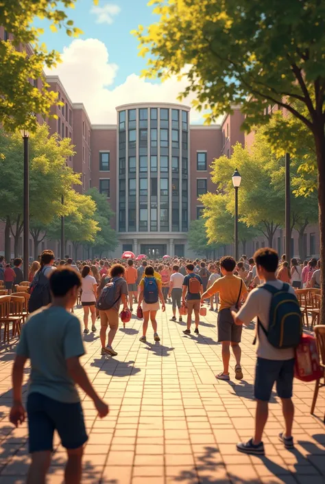 The image captures a bustling school quadrangle. In the foreground, the ground is paved, and the area is filled with students who are busy setting up a stage for an event. Some students are carrying decorations, while others are arranging chairs or adjusti...