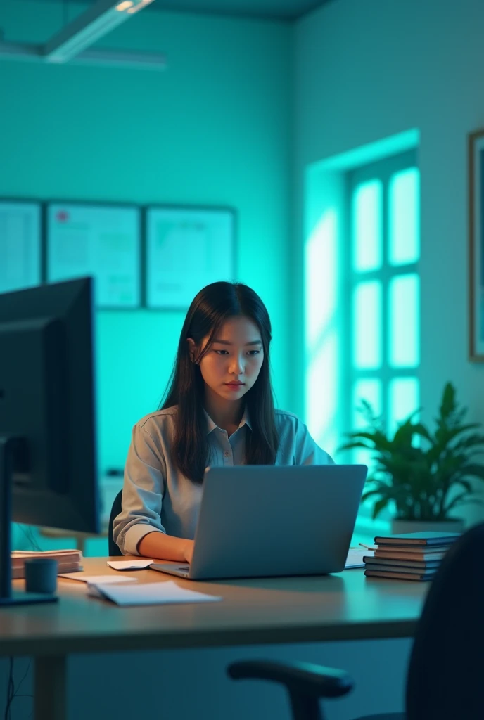 A computer science student studying in programming language girls  background, colour, blue, and green 