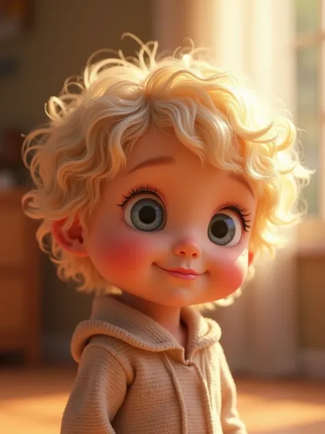 A baby, blonde with short curly hair in the Disney Pixar style, high qualiy, best qualityer.