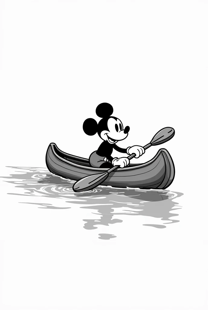 Black and white Mickey Mouse in a canoe with paddles in cartoon profile