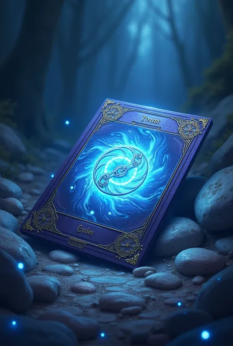 Anime magic card, lying on the ground, the image of chains inside the card, emitting aura of light